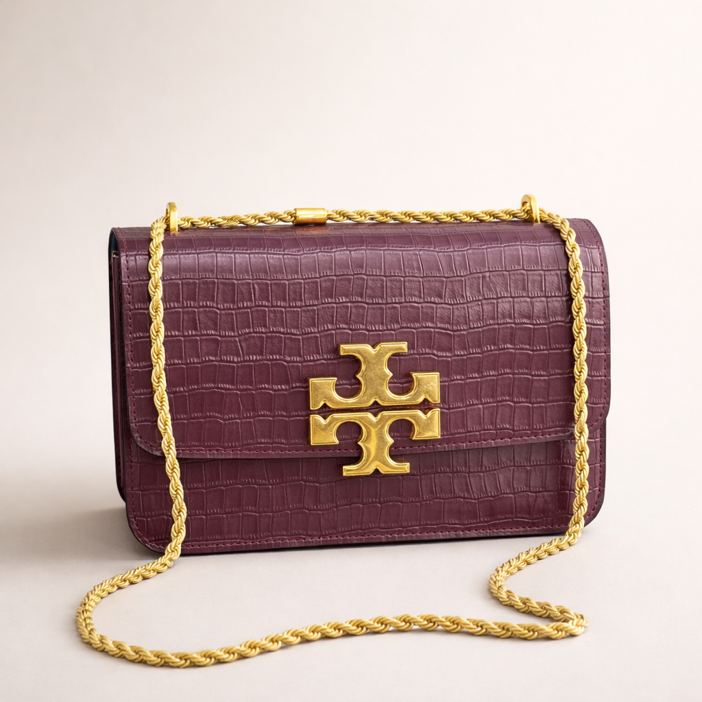 Tory Burch Croc-Embossed Leather Crossbody Bag – Burgundy Edition