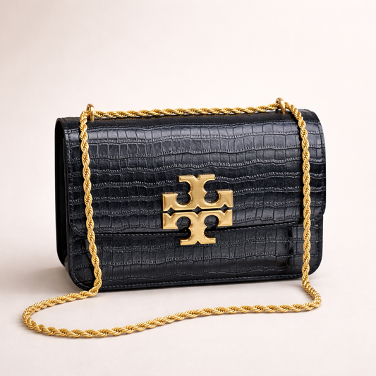 Tory Burch Croc-Embossed Leather Crossbody Bag – Black Edition