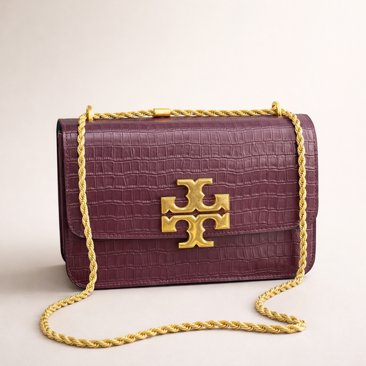 Tory Burch Croc-Embossed Leather Crossbody Bag – Burgundy Edition