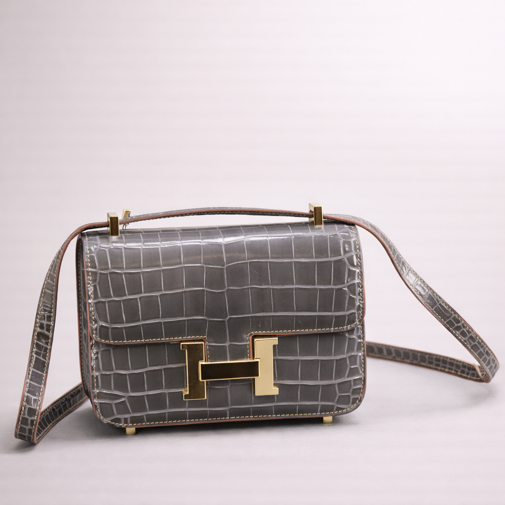 Hermes Croc-Embossed Constance Crossbody Bag – Grey Edition
