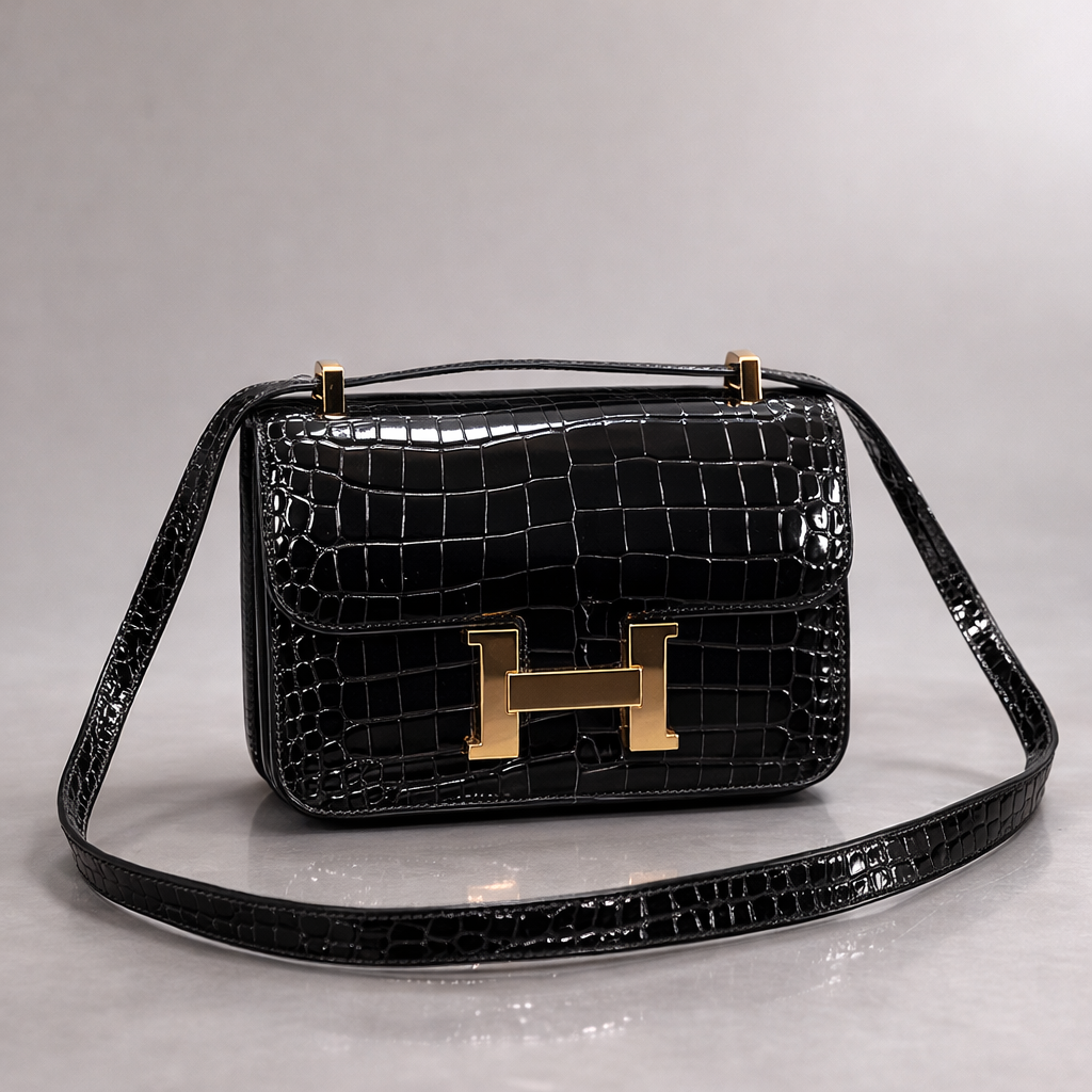 Hermes Croc-Embossed Constance Crossbody Bag – Black Edition