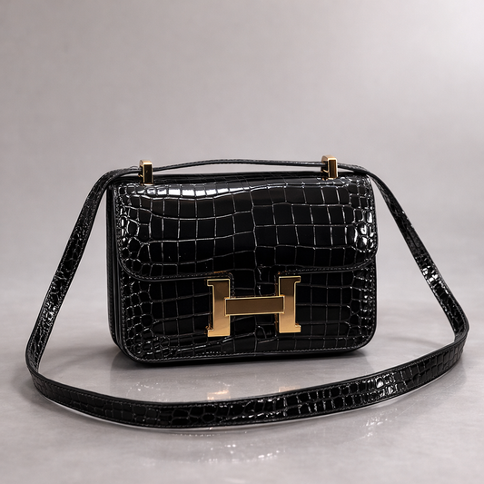 Hermes Croc-Embossed Constance Crossbody Bag – Black Edition