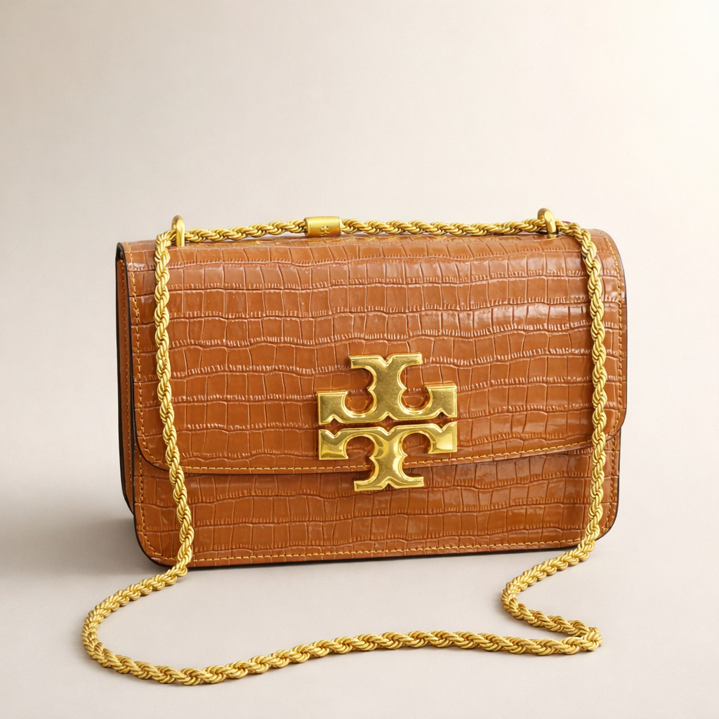 Tory Burch Croc-Embossed Leather Crossbody Bag – Tan Edition