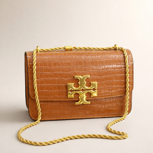 Tory Burch Croc-Embossed Leather Crossbody Bag – Tan Edition