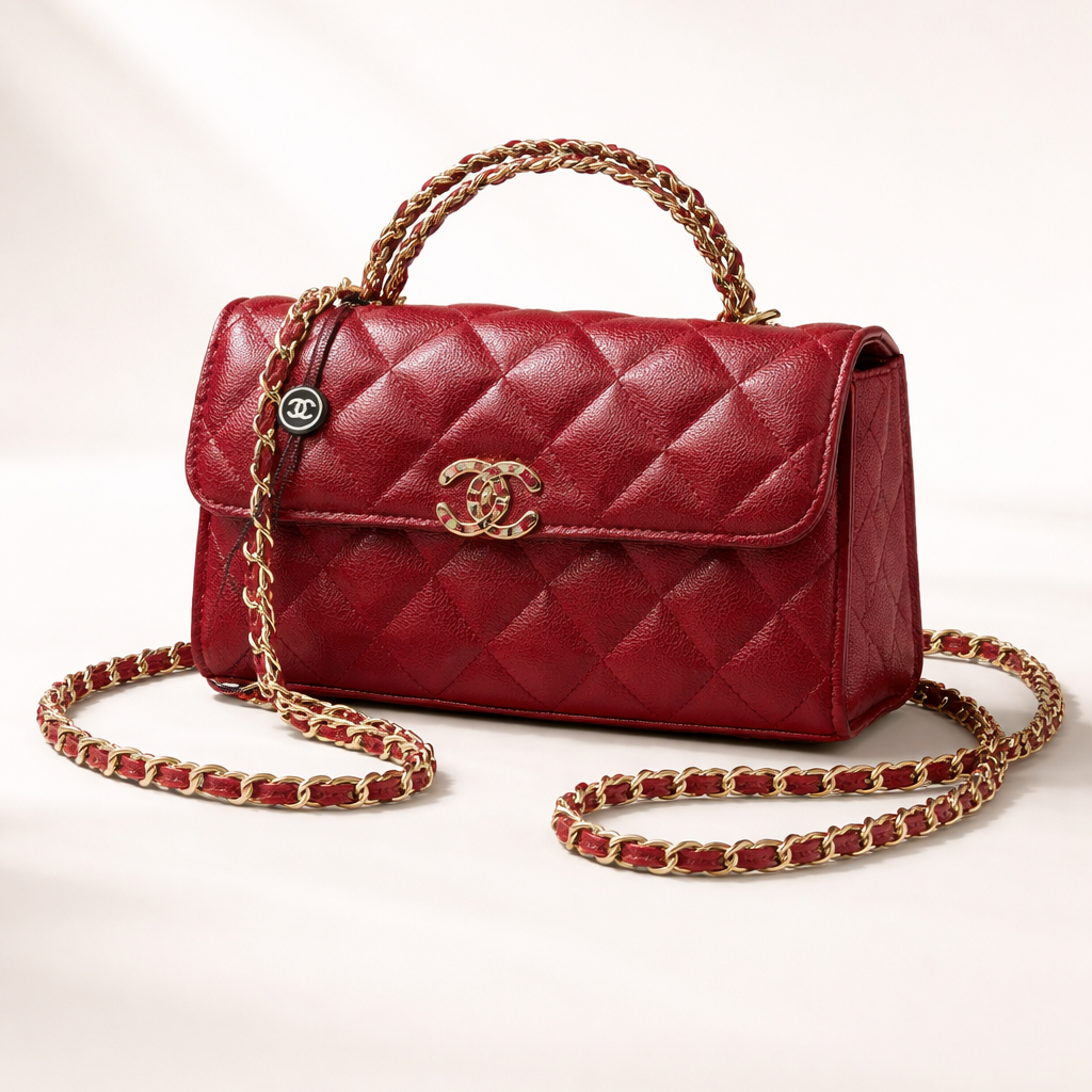 Red quilted handbag with gold chain on a light beige background