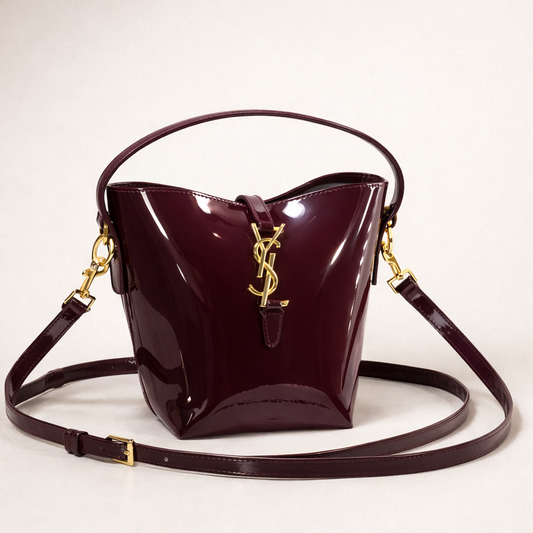 YSL Mini Bucket Bag – Burgundy Patent Edition