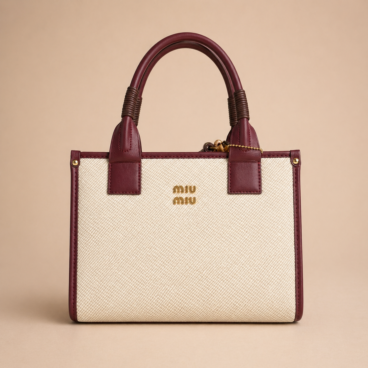 Miu Miu Canvas Beige & Burgundy - Tote Handbag - High Copy